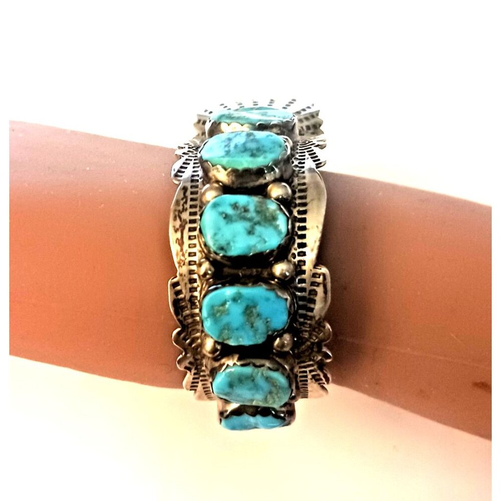 Vntg Signed Zuni 9pc Turquoise Watch Cuff Sterling 59g  (1585) - Picture 5 of 16